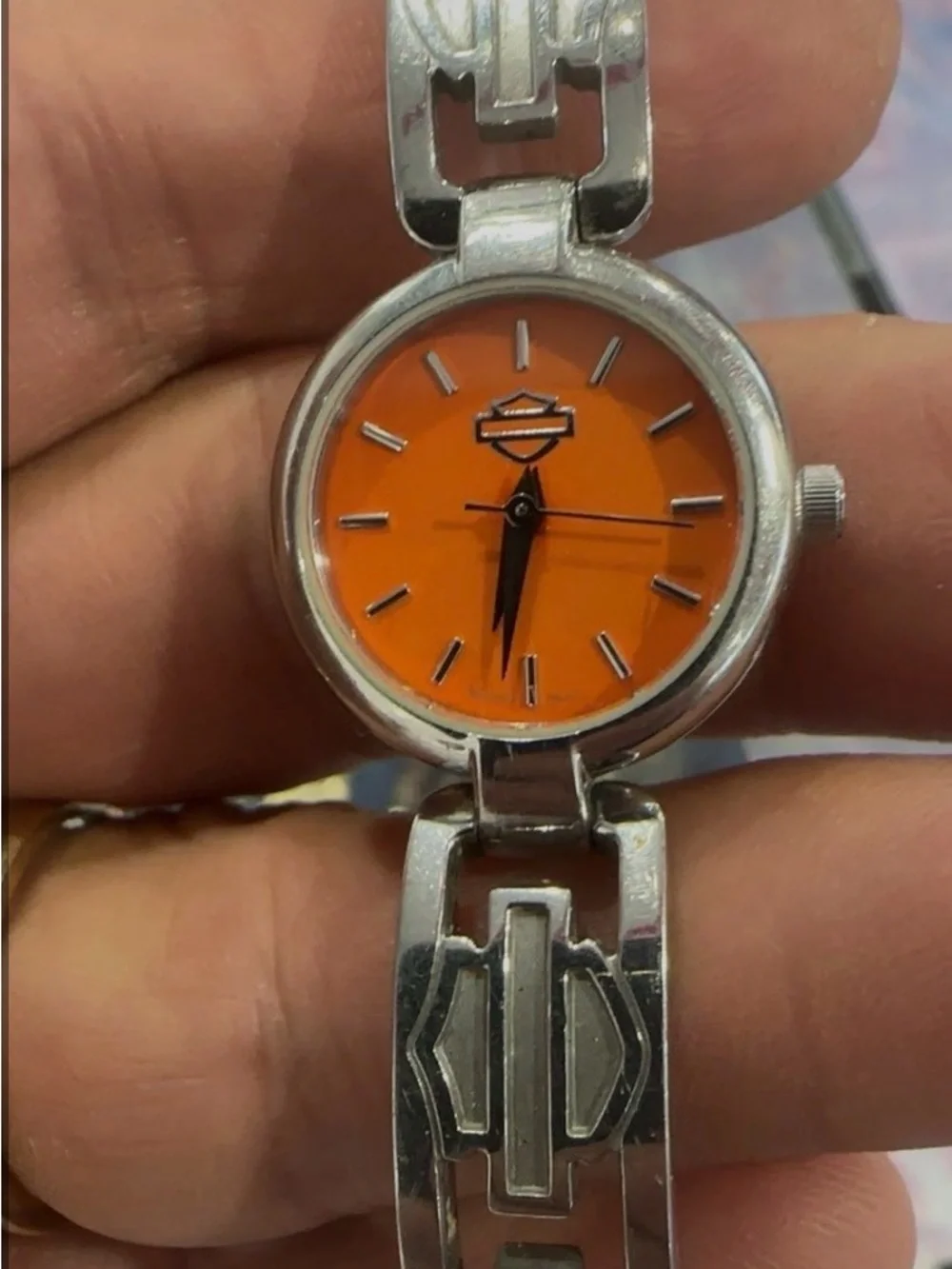 Harley-Davidson Silver Bracelet Watch with Bright Orange Dial